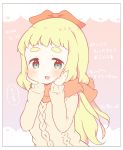  1girl :d bangs blonde_hair blush bow commentary_request dated eyebrows green_eyes hair_bow hands_on_own_cheeks hands_on_own_face long_hair long_sleeves open_mouth original scarf signature smile solo sweater translation_request ususa70 