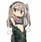  10s 1girl black_eyes blush bra breasts girls_und_panzer grey_bra grey_hair hairband kanikama long_hair looking_at_viewer lowres navel shimada_arisu side_ponytail simple_background solo sweat underwear white_background 