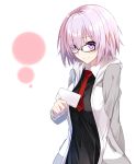  1girl arm_behind_back black_shirt blush breasts eyes_visible_through_hair fate/grand_order fate_(series) glasses hair_over_one_eye holding holding_letter jacket large_breasts long_sleeves necktie open_clothes open_jacket pink_hair red_necktie shielder_(fate/grand_order) shirt short_hair simple_background smile solo tsuedzu violet_eyes 