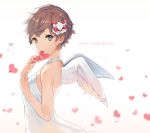  1girl angel_wings appogiatura bare_shoulders blurry bow brown_hair choker collarbone dress english grey_eyes hair_bow happy_valentine heart holding looking_at_viewer mouth_hold red_bow simple_background smile solo tsurime upper_body valentine white_background white_dress white_wings wings 