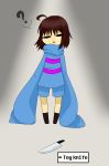  ? absurdres ahoge androgynous blush boots brown_boots brown_hair closed_eyes english frisk_(undertale) full_body gradient gradient_background grey_background highres knife light long_sleeves open_mouth shirt short_hair shorts solo striped striped_shirt striped_sweater sweater teeth undertale 