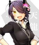  1girl blush breasts checkered_necktie eyepatch headgear kantai_collection large_breasts looking_at_viewer necktie open_mouth purple_hair school_uniform short_hair solo susuki tenryuu_(kantai_collection) yellow_eyes 