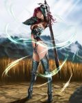  1girl armor armored_boots arms_up bangs belt between_breasts bikini_armor blurry boots breastplate breasts bustier cleavage closed_mouth depth_of_field fantasy field full_body gauntlets head_tilt high_heel_boots high_heels highres holding_sword holding_weapon large_breasts legs_apart long_hair mountain navel original outdoors pauldrons pink_lips rock scale_armor see-through shadow shisshou_senkoku sky smile solo standing stomach sunlight sword tassel thigh-highs thigh_boots visible_air weapon 