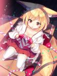  1girl :3 animal_ears bangs blonde_hair box breasts cardboard_box cleavage collarbone confetti fox_ears fox_tail from_above full_body hakama_skirt heart heart-shaped_box holding_gift in_box in_container japanese_clothes long_sleeves looking_at_viewer miko mouth_hold no_shoes orange_eyes original pleated_skirt puffy_sleeves red_skirt ribbon shade short_hair sitting skirt solo striped striped_ribbon tail thigh-highs valentine white_legwear wooden_floor yuuji_(yukimimi) 