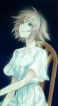  1girl blue_background blue_eyes chair collarbone dress fading frown glowing kanon_memphis looking_up redhead short_hair shukufuku_(plus_hue) sitting solo soukyuu_no_fafner spoilers tears white_dress 