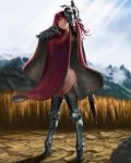  1girl armor armored_boots arms_up bangs blurry boots breasts cloak closed_mouth depth_of_field fantasy field full_body fur_trim gauntlets head_tilt high_heel_boots high_heels highres holding_sword holding_weapon large_breasts legs_apart long_hair mountain original outdoors pink_lips red_cloak rock shadow shisshou_senkoku sky smile solo standing sunlight sword tassel thigh-highs thigh_boots weapon 