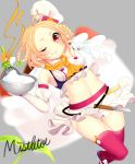 1girl blonde_hair bow braid character_name cream crop_top flower_knight_girl grey_background hair_rings hat kkmm_0216 looking_at_viewer midriff mistletoe_(flower_knight_girl) mixing_bowl one_eye_closed orange_bow red_eyes red_legwear short_hair skirt smile solo spatula thigh-highs whisk white_hat white_skirt yadorigi_(flower_knight_girl)
