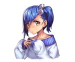  1girl bare_shoulders blue_hair collarbone hair_between_eyes hair_ornament long_sleeves looking_at_viewer newey original short_hair shy side_ponytail solo sweater yellow_eyes 