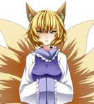  1girl animal_ears blonde_hair dress fox_ears fox_tail frills hands_in_sleeves kitsune kyuubi long_sleeves looking_at_viewer multiple_tails no_hat open_mouth short_hair solo tabard tachi-e tail touhou upper_body white_background white_dress wide_sleeves yagami_(mukage) yakumo_ran yellow_eyes 