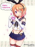  1girl 2016 ;d blue_skirt cosplay dated elbow_gloves gloves gochuumon_wa_usagi_desu_ka? hairband happy_valentine heart heart_hands highres hirame_guard hoto_cocoa kantai_collection looking_at_viewer navel one_eye_closed open_mouth orange_hair rensouhou-chan shimakaze_(kantai_collection) shimakaze_(kantai_collection)_(cosplay) skirt smile solo speech_bubble striped striped_legwear thigh-highs valentine violet_eyes white_gloves 