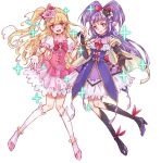  2girls :d asahina_mirai atono_matsuri black_gloves black_hat black_legwear blonde_hair boots bow capelet cure_magical cure_miracle elbow_gloves frills full_body gloves hair_bow half_updo hat holding_hands izayoi_liko knee_boots kneehighs long_hair looking_at_viewer magical_girl mahou_girls_precure! mini_hat mini_witch_hat multiple_girls open_mouth pink_bow pink_hat pink_skirt ponytail precure puffy_sleeves purple_hair purple_shoes purple_skirt red_bow shoes skirt smile violet_eyes white_background white_boots white_gloves witch_hat 