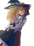  2girls ascot blonde_hair blush bow braid brown_eyes brown_hair chokokorone_(artist) detached_sleeves dress hair_bow hair_tubes hakurei_reimu hand_on_another&#039;s_back hand_on_ass hands_on_another&#039;s_chest happy hat hug incipient_kiss kirisame_marisa long_hair lovestruck multiple_girls nose-to-nose sash single_braid smile touhou witch_hat yuri 