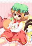  1girl :o animal_ears animal_hat bed_sheet blush brown_eyes brown_hair cat_ears cat_tail character_doll chen dress eyebrows eyebrows_visible_through_hair fang fox_tail green_hat hat heart heart_pillow inubashiri_momiji legs_apart long_sleeves mob_cap multiple_tails object_hug open_mouth pila-pela pillow pink_background polka_dot polka_dot_background pom_pom_(clothes) red_dress ribbon simple_background sitting solid_oval_eyes solo tabard tail tareme tokin_hat tooth touhou two_tails white_dress wolf_ears yakumo_ran yellow_ribbon 