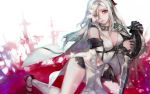  1girl aoin bare_shoulders breasts cape cleavage detached_sleeves drag-on_dragoon_3 dress flower_eyepatch frown hair_ornament highres holding_sword holding_weapon kneehighs kneeling long_hair looking_at_viewer red_eyes silver_hair solo sword wallpaper weapon white_dress zero_(drag-on_dragoon) 