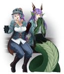  2girls :d adapted_costume barbariank bench boots brown_eyes drinking gloves gradient_hair hat head_fins highres horns lamia long_hair looking_at_viewer mad_hatter_(monster_girl_encyclopedia) magatama monster_girl monster_girl_encyclopedia multicolored_hair multiple_girls open_mouth paws purple_hair ryuu_(monster_girl_encyclopedia) scarf sitting smile snowing steam thermos two-tone_hair white_hair yellow_eyes 