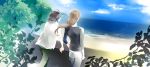  2boys beach bird brown_hair clouds finger_marks from_behind horizon long_hair low-tied_long_hair makabe_kazuki minashiro_soushi multiple_boys ocean pants plant seagull short_hair short_sleeves shukufuku_(plus_hue) sky soukyuu_no_fafner 