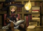  &gt;:( 1girl belt blonde_hair book bookshelf boots brown_boots brown_gloves fire frown gloves hat highres holding holding_book long_hair original reading red_eyes sitting solo wasabi60 witch_hat 