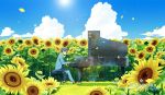  1boy 1girl arima_kousei artist_name clouds flower from_side glasses highres instrument lens_flare miyazono_kawori petals piano playing_instrument reflection sanaa scenery school_uniform shigatsu_wa_kimi_no_uso sky summer sunflower 