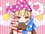 1girl american_flag_shirt bangs blonde_hair blush_stickers chima_q chocolate chocolate_heart clownpiece fairy_wings food_in_mouth hat heart jester_cap leaning_forward long_hair mouth_hold polka_dot red_eyes short_sleeves solo spoken_heart star striped striped_background touhou upper_body valentine very_long_hair wings 