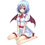  1girl :d belt buttons jacket junior27016 open_mouth puffy_short_sleeves puffy_sleeves remilia_scarlet short_sleeves simple_background sitting skirt smile solo touhou wariza white_background white_jacket white_skirt 