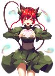  1girl animal_ears bow braid cat_ears cat_tail corset dress eredhen extra_ears fangs green_dress hair_bow heart heart_hands hitodama jpeg_artifacts kaenbyou_rin long_hair long_sleeves looking_at_viewer multiple_tails open_mouth pointy_ears puffy_sleeves red_eyes redhead simple_background smile solo tail touhou turtleneck twin_braids upskirt white_background 