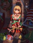 1girl absurdres alice_margatroid bell bell_collar blonde_hair blue_eyes box christmas christmas_tree collar du_mogu flying_sweatdrops gift gift_box hat highres looking_at_viewer merry_christmas messy_hair on_floor parted_lips santa_hat shadow solo sweatdrop thigh-highs touhou wooden_floor 