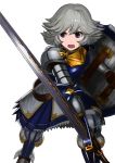  &gt;:o 1girl :o armor blue_eyes blue_skirt farrah_(granblue_fantasy) flipped_hair granblue_fantasy grey_hair highres holding holding_sword holding_weapon open_mouth pauldrons shield short_hair simple_background skirt solo sword violet_eyes wasabi60 weapon white_background 
