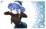  1girl adapted_costume beanie between_breasts blue_eyes blue_hair breasts earmuffs hair_bobbles hair_ornament hat kawashiro_nitori key open_mouth short_hair skirt solo sweater touhou turtleneck twilightrain two_side_up 