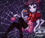  1girl black_sclera fang fang_out insect_girl jksh5056 looking_at_viewer muffet pink_eyes puffy_short_sleeves puffy_sleeves purple_skin short_sleeves silk smile smiley_face solo spider_web thigh-highs undertale wavy_mouth zettai_ryouiki 
