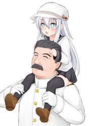  1boy 1girl black_hair black_legwear black_skirt blue_eyes closed_eyes facial_hair hibiki_(kantai_collection) highres joseph_stalin kantai_collection mustache nikonikosiro open_eyes open_mouth piggyback school_uniform shirt skirt soviet_flag tagme verniy_(kantai_collection) visible_ears white_hair white_shirt 