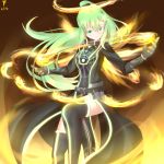  1girl crota destiny_(game) fire genderswap gloves green_eyes green_hair highres kuroda_mulberry long_hair magic neon_trim personification ponytail robe smile thigh-highs very_long_hair 