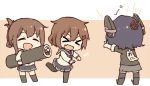  &gt;_&lt; black_legwear brown_hair closed_eyes food ikazuchi_(kantai_collection) inazuma_(kantai_collection) kantai_collection kata_meguma kneehighs purple_hair school_uniform serafuku sushi tenryuu_(kantai_collection) thigh-highs 