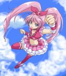  1girl :d arm_up blue_eyes bow brooch choker clenched_hand clouds crop_top cure_melody frilled_skirt frills full_body hair_bow houjou_hibiki jewelry long_hair looking_at_viewer magical_girl open_mouth pink_bow pink_hair pink_legwear pink_shoes pink_skirt precure shoes skirt sky smile solo suite_precure thigh-highs twintails uraki wrist_cuffs 