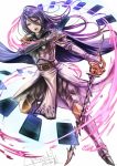  1girl armor armored_boots boots breasts gauntlets granblue_fantasy holding_sword holding_weapon long_hair open_mouth purple_hair rosamia_(granblue_fantasy) signature solo spaulders sword wa-kun weapon 