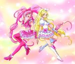  2girls :d blonde_hair blue_eyes boots bow brooch choker crop_top cure_melody cure_rhythm frilled_skirt frills full_body green_eyes hair_bow houjou_hibiki hyuuga_(gekkazake) jewelry knee_boots long_hair looking_at_viewer magical_girl minamino_kanade multicolored_background multiple_girls open_mouth pink_bow pink_hair pink_legwear pink_shoes pink_skirt precure puffy_sleeves shoes skirt smile suite_precure symmetry thigh-highs twintails white_boots white_bow white_skirt wrist_cuffs 