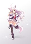  1girl \n/ acami ahoge animal_ears bare_shoulders black_legwear boots detached_sleeves dog_ears dress elin_(tera) gradient gradient_background highres leg_lift long_hair one_eye_closed open_mouth pink_hair red_eyes simple_background smile solo standing_on_one_leg tail tera_online thigh-highs zettai_ryouiki 