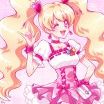 1girl ;d \m/ blonde_hair bow choker corset cowboy_shot cure_peach earrings fresh_precure! hair_ornament hand_on_hip heart heart_earrings heart_hair_ornament jewelry kiku009 long_hair looking_at_viewer magical_girl momozono_love one_eye_closed open_mouth pink_background pink_bow pink_eyes pink_skirt precure puffy_sleeves skirt smile solo twintails 