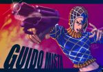  1boy aiming black_eyes cyan_(hyenabeat) dated finger_on_trigger foreshortening guido_mista gun handgun jojo_no_kimyou_na_bouken letterboxed male_focus midriff navel open_mouth outside_border red_eyes revolver shiny signature solo turtleneck upper_body weapon 