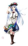  1girl blue_hair boots cross-laced_footwear food fruit gorilla_(bun0615) hat highres hinanawi_tenshi long_hair looking_at_viewer open_mouth peach puffy_short_sleeves puffy_sleeves red_eyes shirt short_sleeves skirt solo touhou very_long_hair 