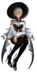  1girl detached_sleeves earrings grey_eyes hat high_heels illak jewelry looking_at_viewer see-through short_hair silver_hair simple_background sitting solo white_background witch_hat 