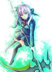  1girl black_legwear black_ribbon brown_eyes gloves hair_ribbon hiiragi_shinoa holding_weapon looking_at_viewer owari_no_seraph purple_hair ribbon solo thigh-highs uniform wa-kun white_gloves 