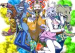  2girls 3boys amu_(doubutsu_sentai_zyuohger) commentary_request doubutsu_sentai_zyuohger elephant female highres izayoi_kyuuemon kiwa_(pokemonwars) leo_(doubutsu_sentai_zyuohger) lion male no_humans sera_(doubutsu_sentai_zyuohger) shark shuriken_sentai_ninninger super_sentai tiger tusk_(doubutsu_sentai_zyuohger) 