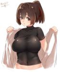  1girl blush breasts brown_eyes brown_hair ise_(kantai_collection) isshiki_(ffmania7) japanese_clothes kantai_collection kimono large_breasts long_hair looking_at_viewer open_clothes open_kimono open_mouth ponytail skin_tight solo undershirt undressing upper_body 