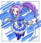  1girl bangs blue blue_background blue_boots blue_bow blue_skirt boots bow brooch choker cure_beat frilled_skirt frills full_body hair_ornament heart_hair_ornament jewelry kurokawa_eren long_hair looking_at_viewer magical_girl parted_bangs precure purple_hair seiren_(suite_precure) side_ponytail skirt smile solo suite_precure thigh-highs thigh_boots uraki wrist_cuffs yellow_eyes 