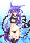  black_bra black_panties blue_hair blush bra cat_cutout cat_ear_panties cat_lingerie chain choker cleavage_cutout levia makai_shin_trillion mizunashi_(second_run) panties side-tie_panties sidelocks staff stomach underwear underwear_only violet_eyes 