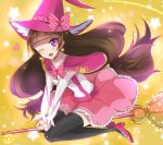  1girl amanogawa_kirara black_legwear bow broom broom_riding brown_hair cosplay earrings full_body go!_princess_precure haru_(nature_life) hat hat_bow jewelry long_hair looking_at_viewer mahou_girls_precure! pink_hat pink_shoes pink_skirt plaid plaid_bow precure shirt shoes skirt smile solo star star_earrings thigh-highs twintails violet_eyes white_shirt witch_hat yellow_background 