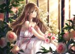  1girl arm_ribbon bare_arms bare_shoulders bouquet brown_eyes brown_hair butterfly dress earrings flower hagiwara_rin hair_ornament hair_ribbon jewelry long_hair necklace original ribbon rose sitting sleeveless sleeveless_dress solo very_long_hair white_dress 