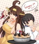  2girls ;d ahoge alternate_costume apron bare_shoulders black_hair blush breasts brown_hair darkmaya dated detached_sleeves double_bun fingernails food hairband isokaze_(kantai_collection) kantai_collection kappougi kongou_(kantai_collection) large_breasts long_fingernails long_hair long_sleeves looking_at_viewer multiple_girls naked_apron one_eye_closed open_hands open_mouth pie polka_dot polka_dot_background ponytail red_eyes remodel_(kantai_collection) ribbon-trimmed_sleeves ribbon_trim sardine scrunchie sidesaddle signature smile smug star translation_request tray 