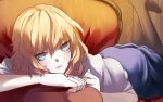  1girl alice_margatroid alternate_costume blonde_hair blue_hair brown_legwear couch eredhen looking_at_viewer lying no_headwear on_stomach puffy_sleeves shirt short_hair short_sleeves skirt solo touhou 