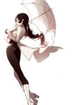  1girl ask_(askzy) black_eyes black_hair black_pants boots high_heel_boots high_heels jacket long_hair long_sleeves neo_(rwby) pants parasol parted_lips rwby simple_background sketch solo transparent umbrella white_background white_boots wind 